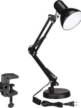Adjustable Swing Arm Metal Desk Lamp, E26 Bulb Compatible, Modern Black Design